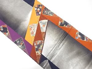 斜め縞に扇・草花模様織出し袋帯